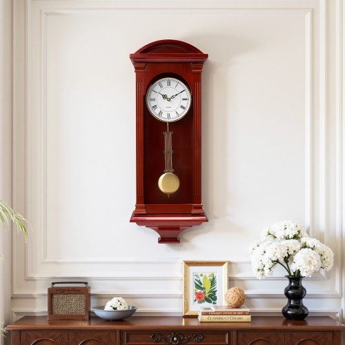 Traditional Pendulum Wall Clock in Reddish Brown Finish