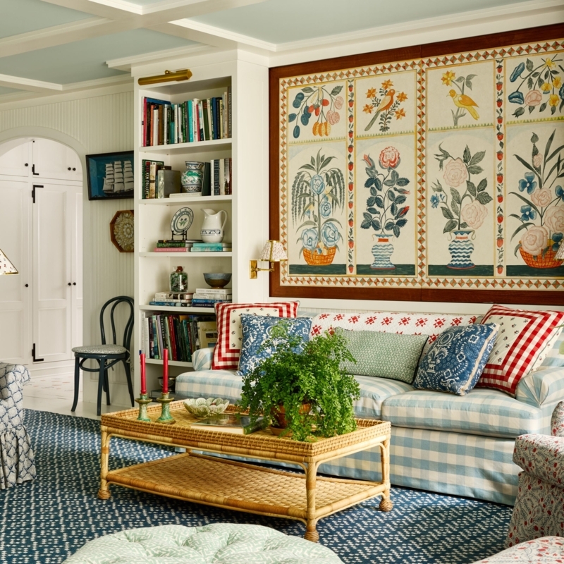 Traditional Sitting Room: Checkered Sofa & Botanical Wall Panels