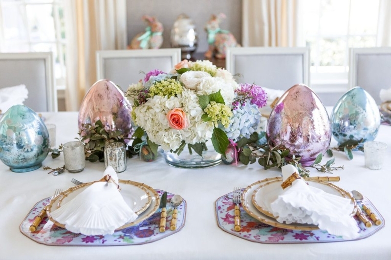 Traditional Tablescape Oversized Glass Eggs Bamboo Rim Plates