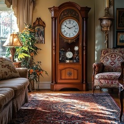 Traditional Wood Grandfather Clock in Sunlit Living Room