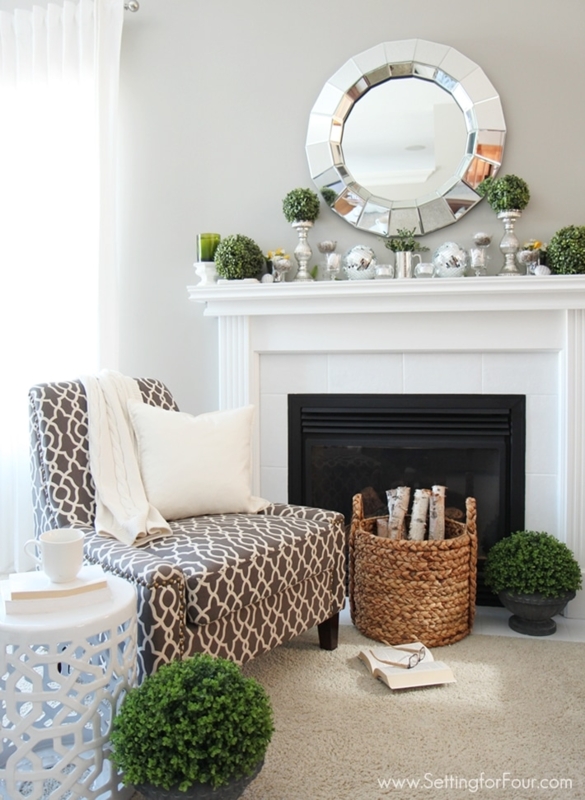 Transitional Accent Chair: Gray Trellis Upholstery near Faceted Mirror.