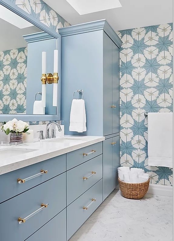 Transitional Bathroom with Light Blue Cabinetry, Acrylic and Gold Hardware