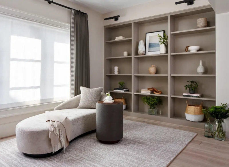 Transitional Bedroom Reading Nook with Curved Chaise Lounge