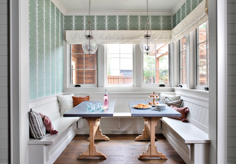 Transitional Breakfast Nook: Twin Dining Tables & Leaf Wallpaper