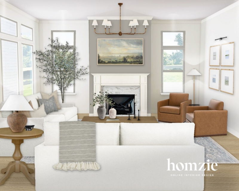 Transitional Coastal Living Room Cognac Accent Chairs & Landscape Art