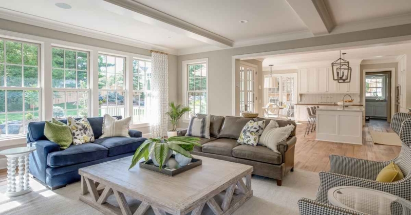 Transitional Coastal Living Room with Mixed Upholstery Seating