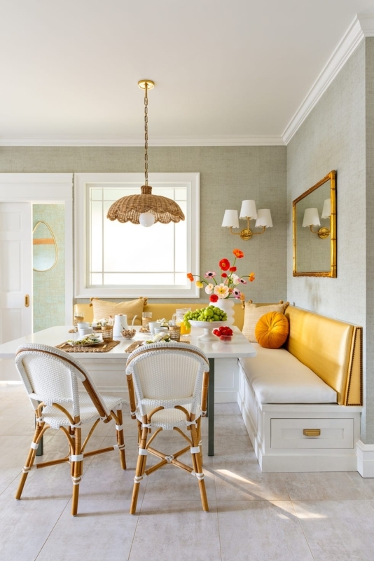 Transitional Dining Nook with Mustard Banquette and Grasscloth