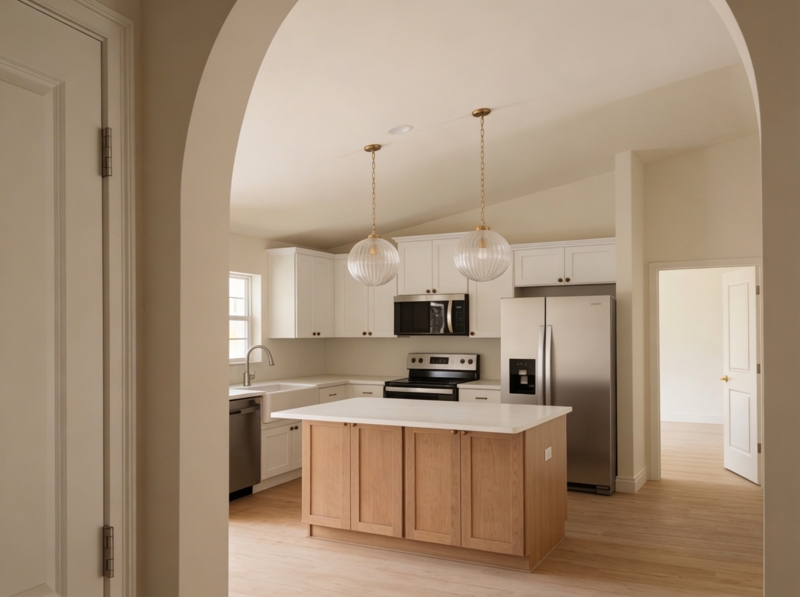 Transitional Kitchen with Vaulted Ceiling, Wood Island & Ribbed Pendants