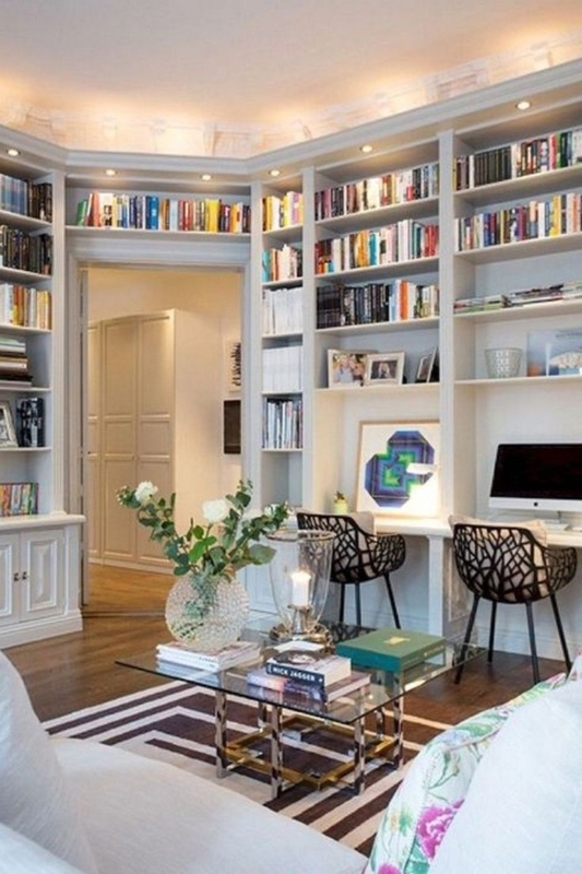 Transitional Library Office: Integrated Desk and Openwork Back Chairs