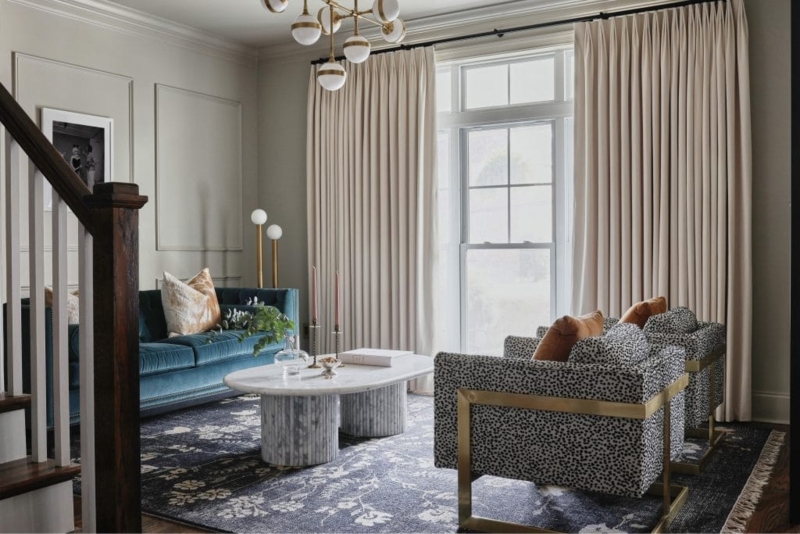 Transitional Living Room Design: Teal Velvet Sofa & Spotted Chairs