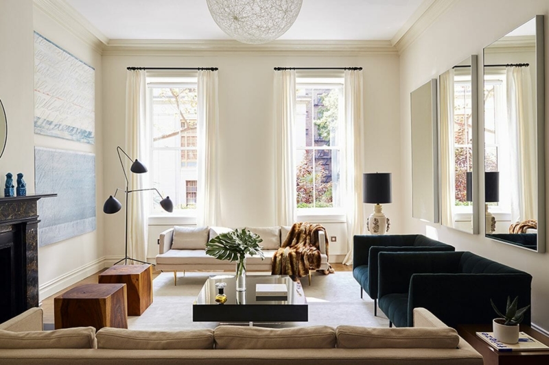 Transitional Living Room: Floor-to-Ceiling Mirrors to Enlarge Space