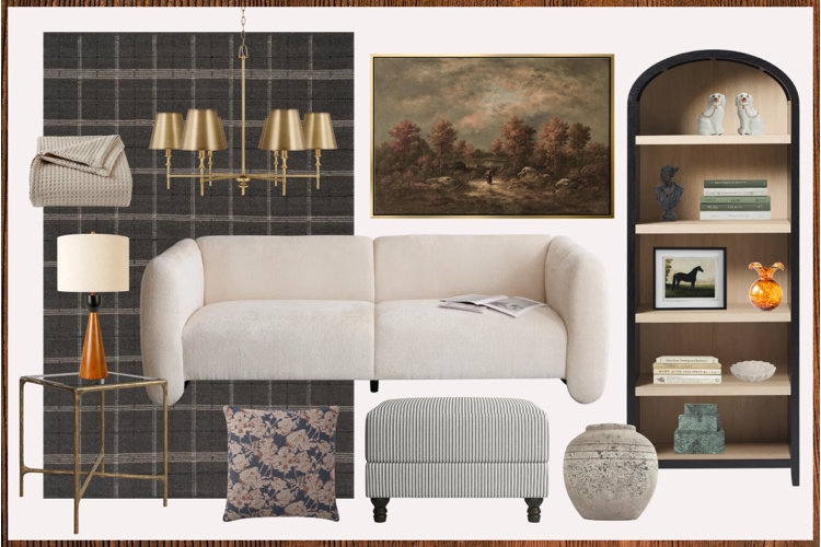 Transitional Living Room Moodboard: Arched Bookcase & Plaid Backdrop