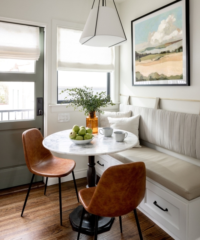 Transitional Nook: Hanging Channeled Cushions & Marble Table