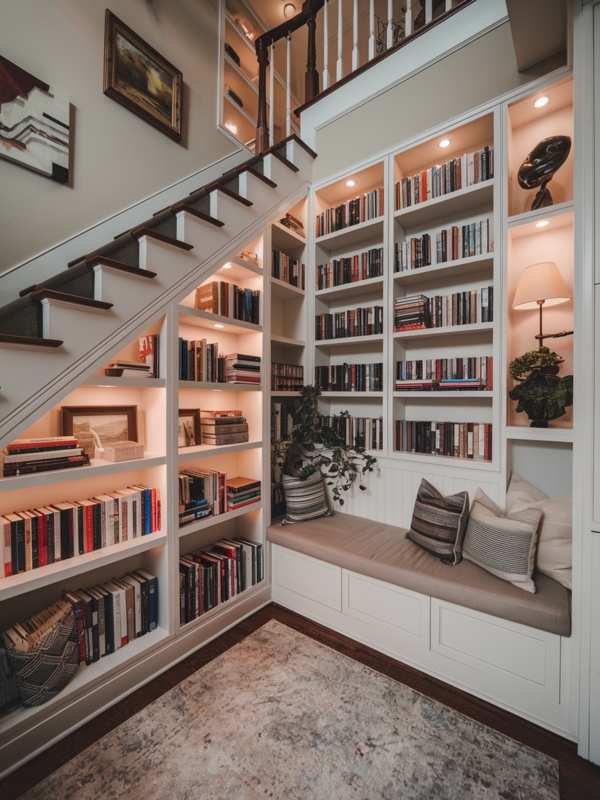 Transitional Under Stair Library Nook with Diagonal Shelving