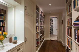 Transitional White Built-in Cabinet Storage with Integrated Mirror