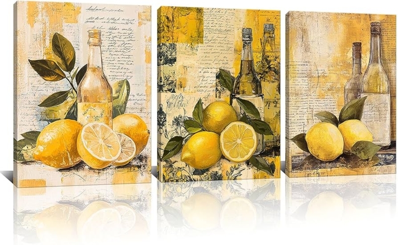 Triptych Wall Art Vintage Kitchen Lemon Script Collage Background