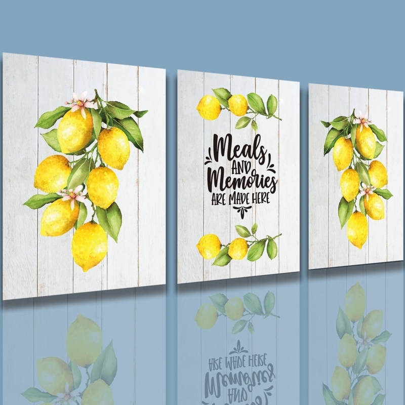 Triptych Wall Art Watercolor Lemon Kitchen Decor Whitewashed