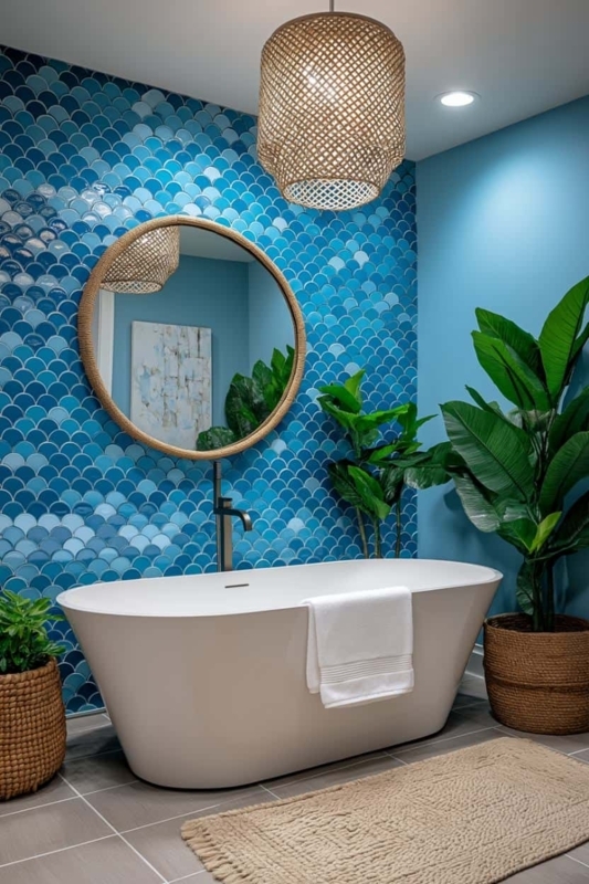 Tropical Bathroom with Blue Scallop Wall, Woven Lighting & Freestanding Tub