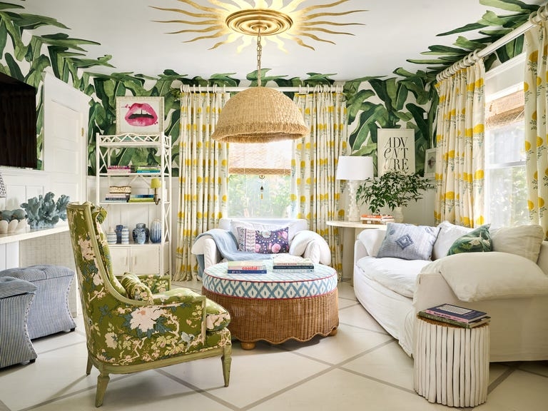 Tropical Living Room with Banana Leaf Wallpaper & Woven Pendant
