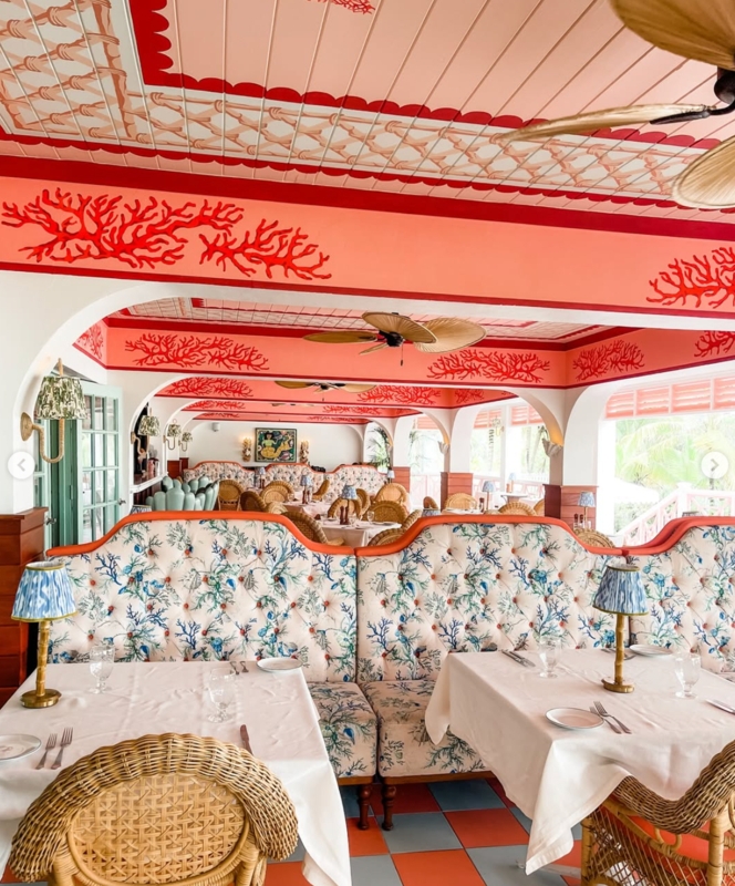 Tropical Maximalist Dining Decor: Stenciled Coral Trim & Banquettes