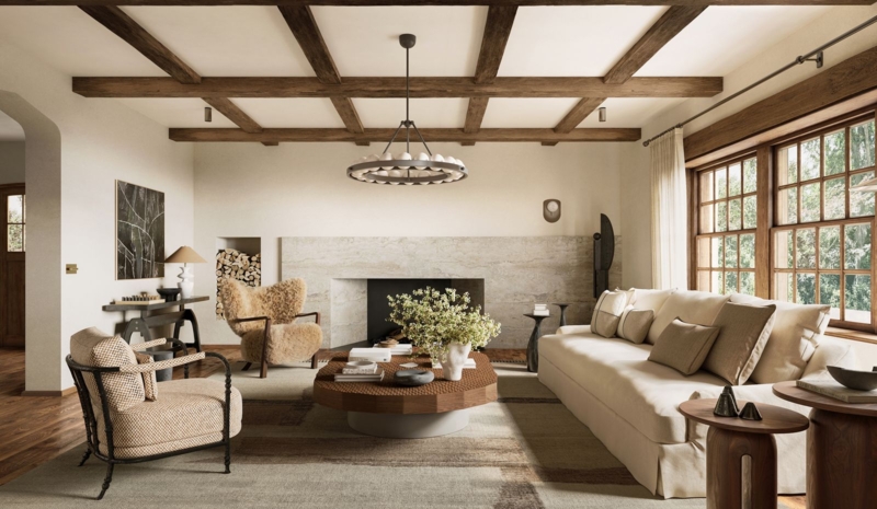 Tudor Revival Living Room with Grid Ceiling Beams & Stone Fireplace