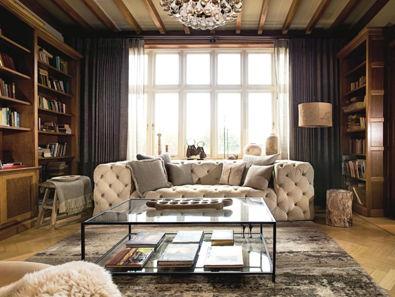 Tufted Chesterfield Sofa in Library Living Room with Ceiling Beams