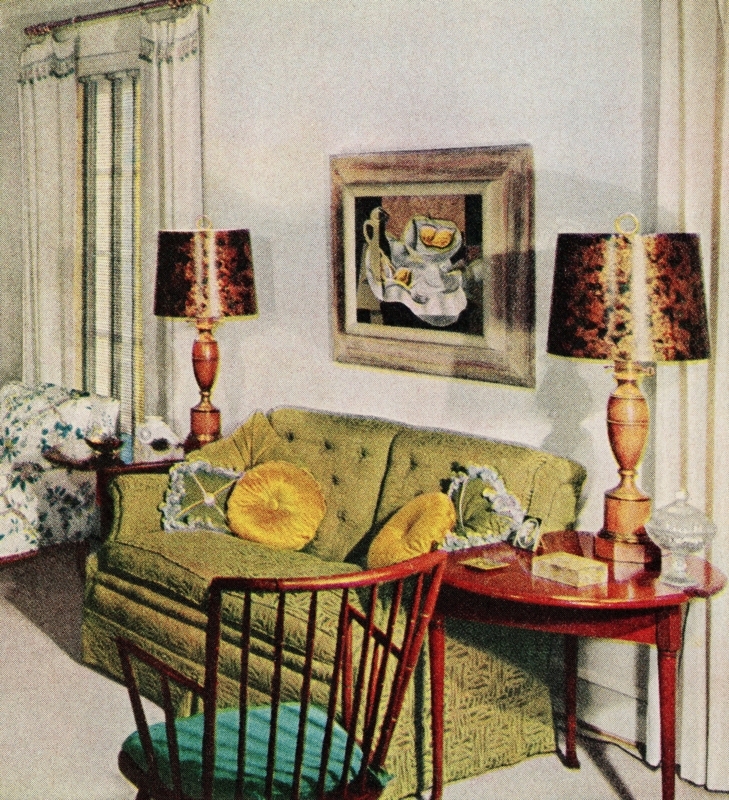 Tufted Green Sofa with Marbled Lamp Shades, Cozy Grandma Chic