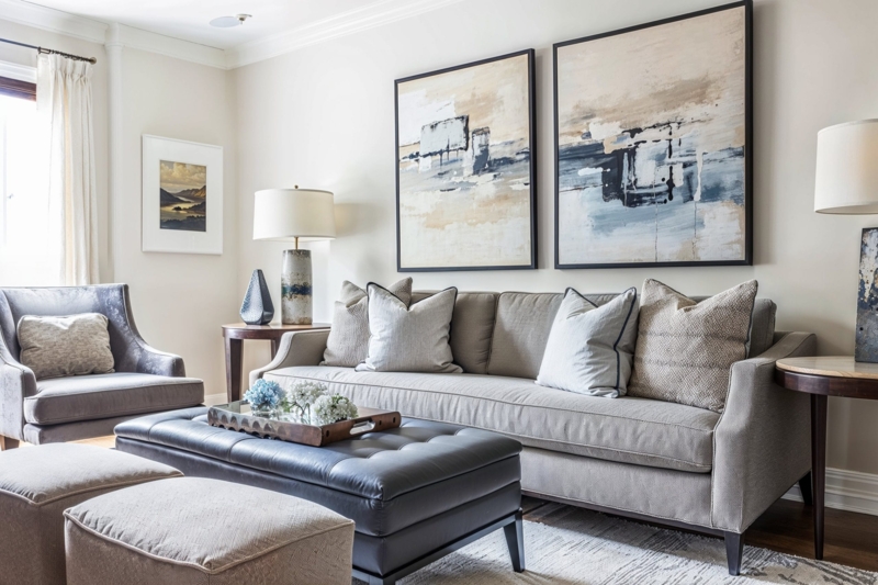 Tufted Leather Ottoman as Coffee Table in Grey Coastal Living Room