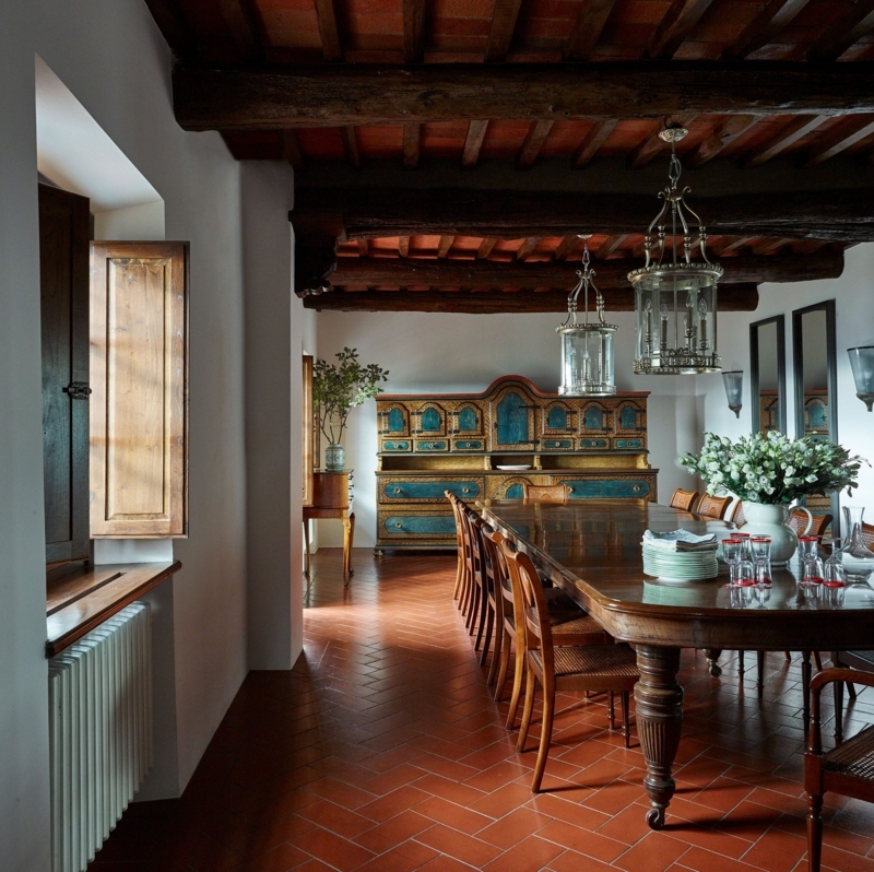 Tuscan Dining Table with Terracotta Herringbone Floors