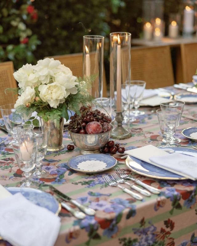 Tuscan Inspired Tablescape Layout with Floral Tablecloth