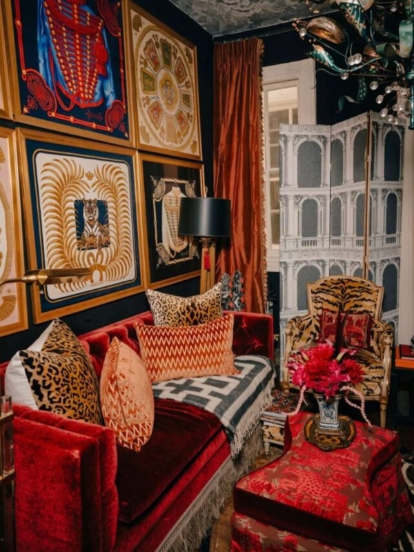 Tuxedo Sofa: Fringe Trim Styling, Red Velvet, Mixed Animal Patterns