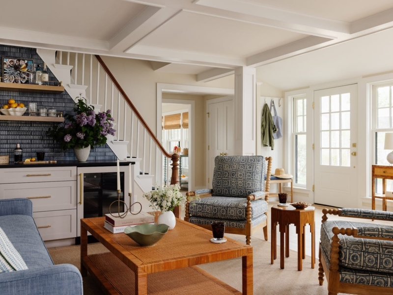 Under-Stair Wet Bar Integrated into Coastal Transitional Living Room