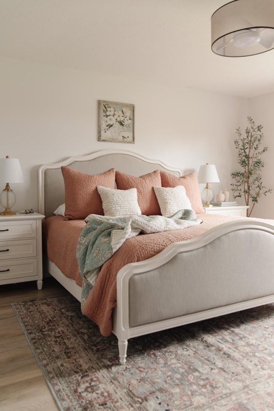 Upholstered Bed Arched Headboard Terracotta Quilt Styling