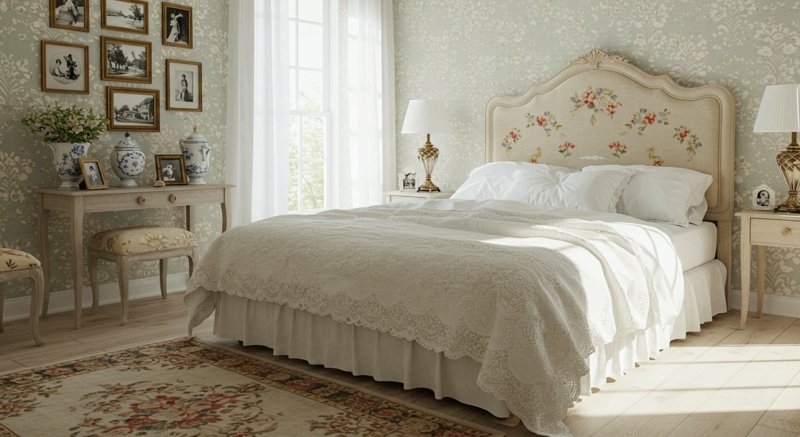 Upholstered Bed Embroidered Floral Headboard Lace Trim Botanical