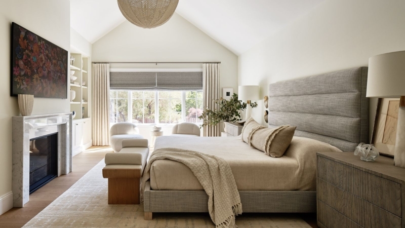 Upholstered Bed: Horizontal Channel Tufting in Vaulted Room