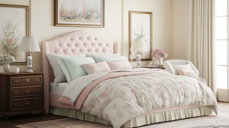 Upholstered Bed Pink Tufted Wingback Dark Wood Nightstand Floral