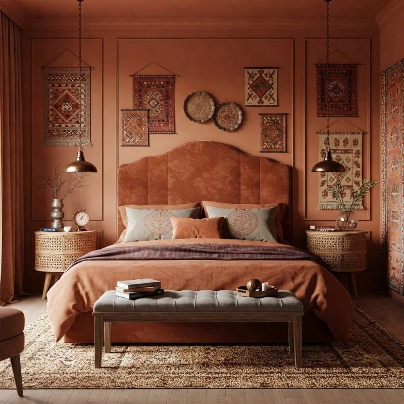 Upholstered Bed with Arched Headboard and Woven Cane Nightstands