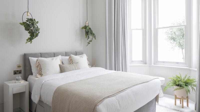 Upholstered Bed with Integrated Plant Pendants Modern Design