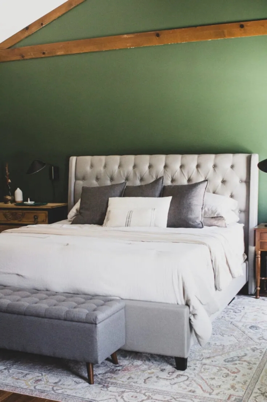 Upholstered Bed with Tufted Headboard in Moody Green Room