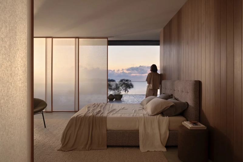 Upholstered Bed with Vertical Wood Paneling Scandi Design