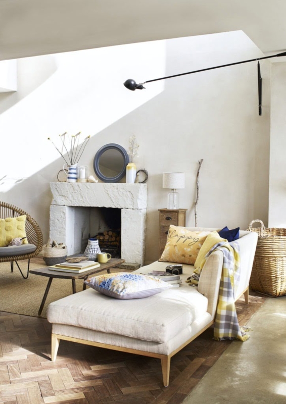 Upholstered Chaise Lounge in a Room with Herringbone Parquet Floors