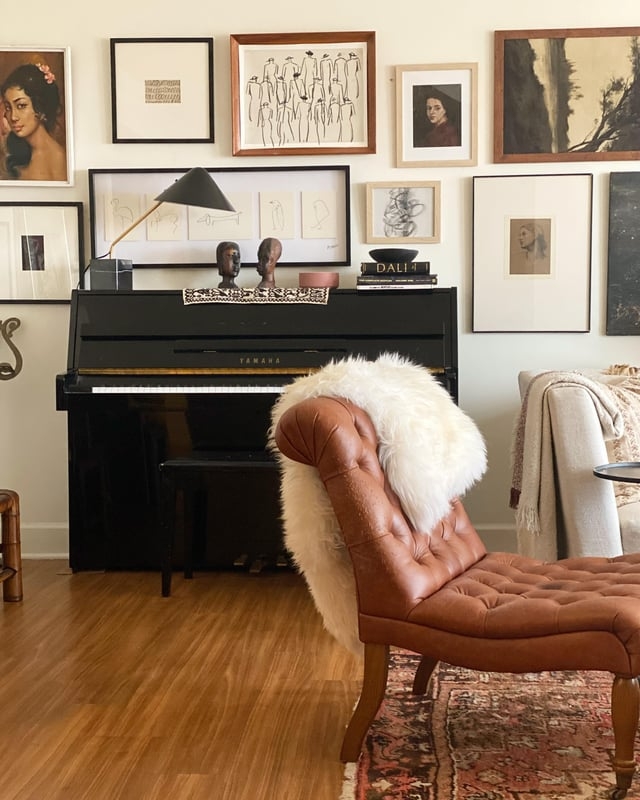 Upright Piano Styling Ideas with Eclectic Gallery Wall Arrangement