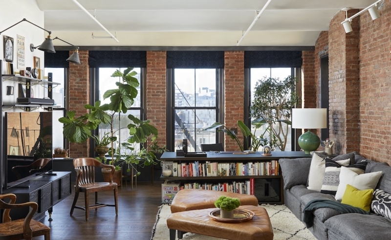 Urban Loft Living Area Bookshelf Room Divider Exposed Brick