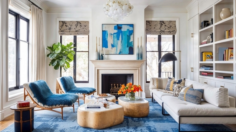 Vibrant Blue Shag Accent Chairs in Modern Living Room with Distressed Rug
