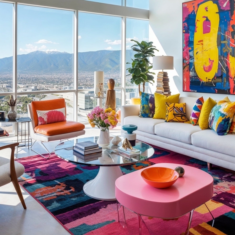 Vibrant Living Room: Multicolored Abstract Rug & Mountain View Backdrop