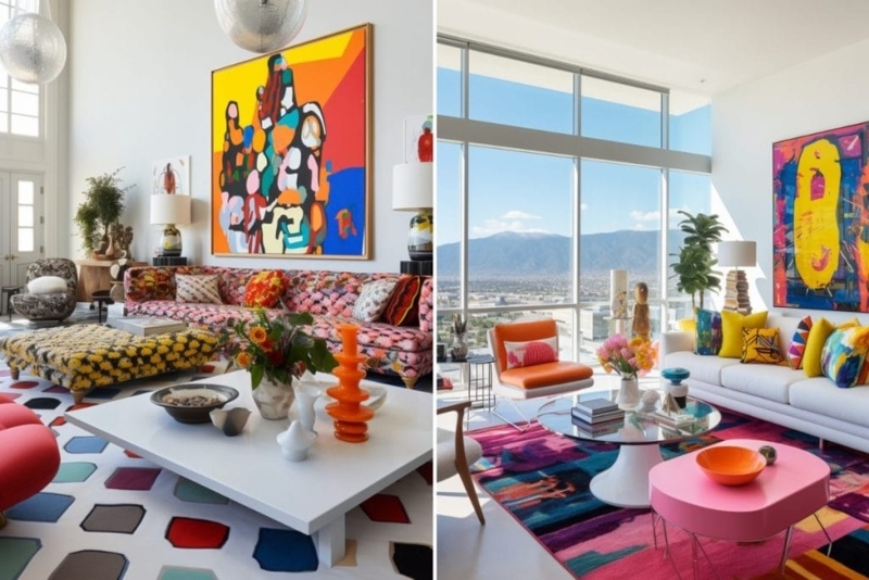 Vibrant Living Room with Large Scale Abstract Art and Patterns