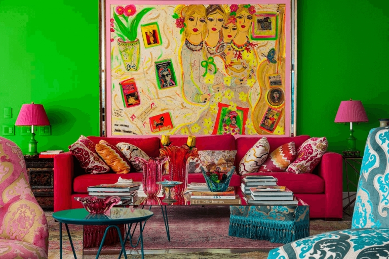 Vibrant Pink Sofa with Lime Green Walls and Large Figurative Painting