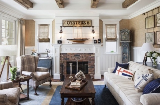 Vintage Blue Grandfather Clock in Coastal Rustic Living Room