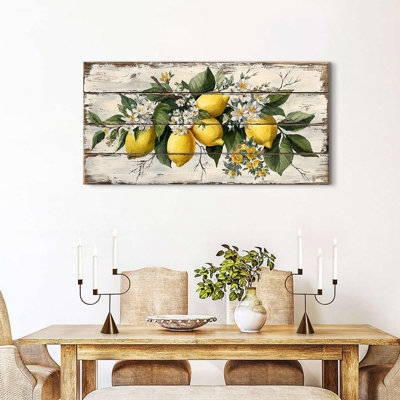 Vintage Botanical Wall Art Lemon Theme Planked Wood Background