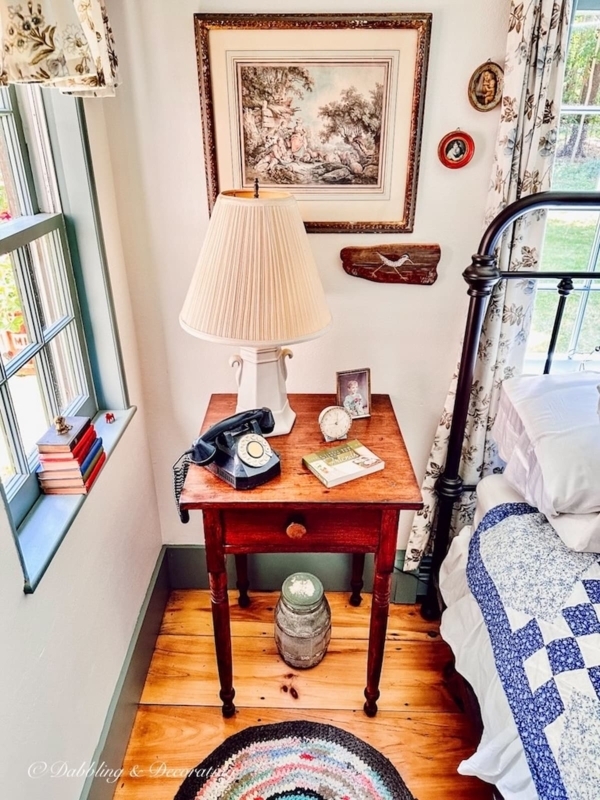 Vintage Coastal Nightstand Rotary Phone Patchwork Quilt Decor